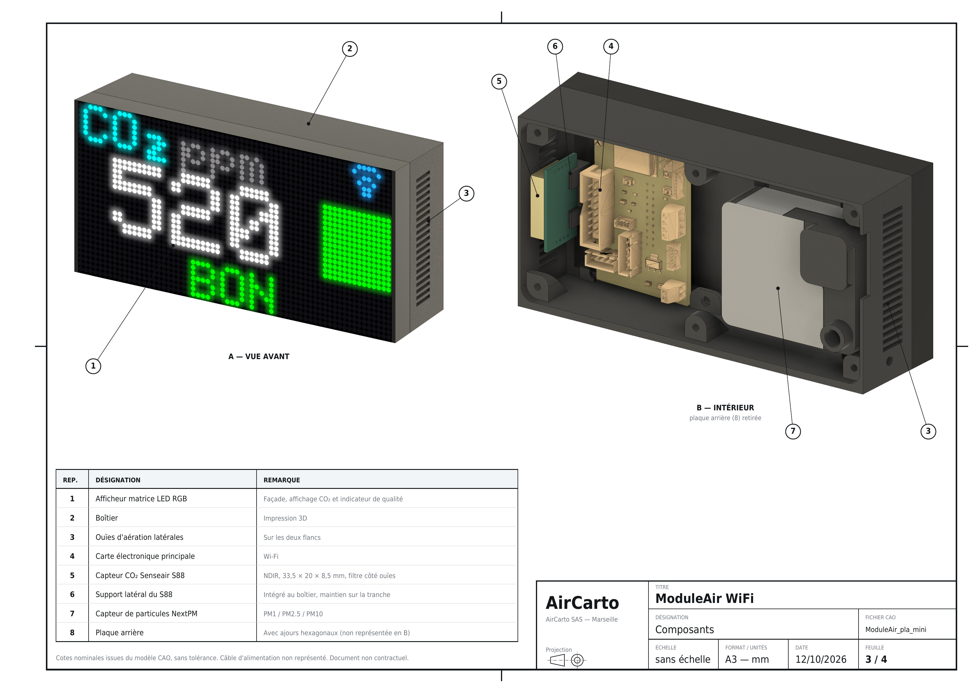 Composants du ModuleAir WiFi : afficheur LED, boîtier, ouïes d'aération, carte principale, capteur CO₂ S88, NextPM, plaque arrière