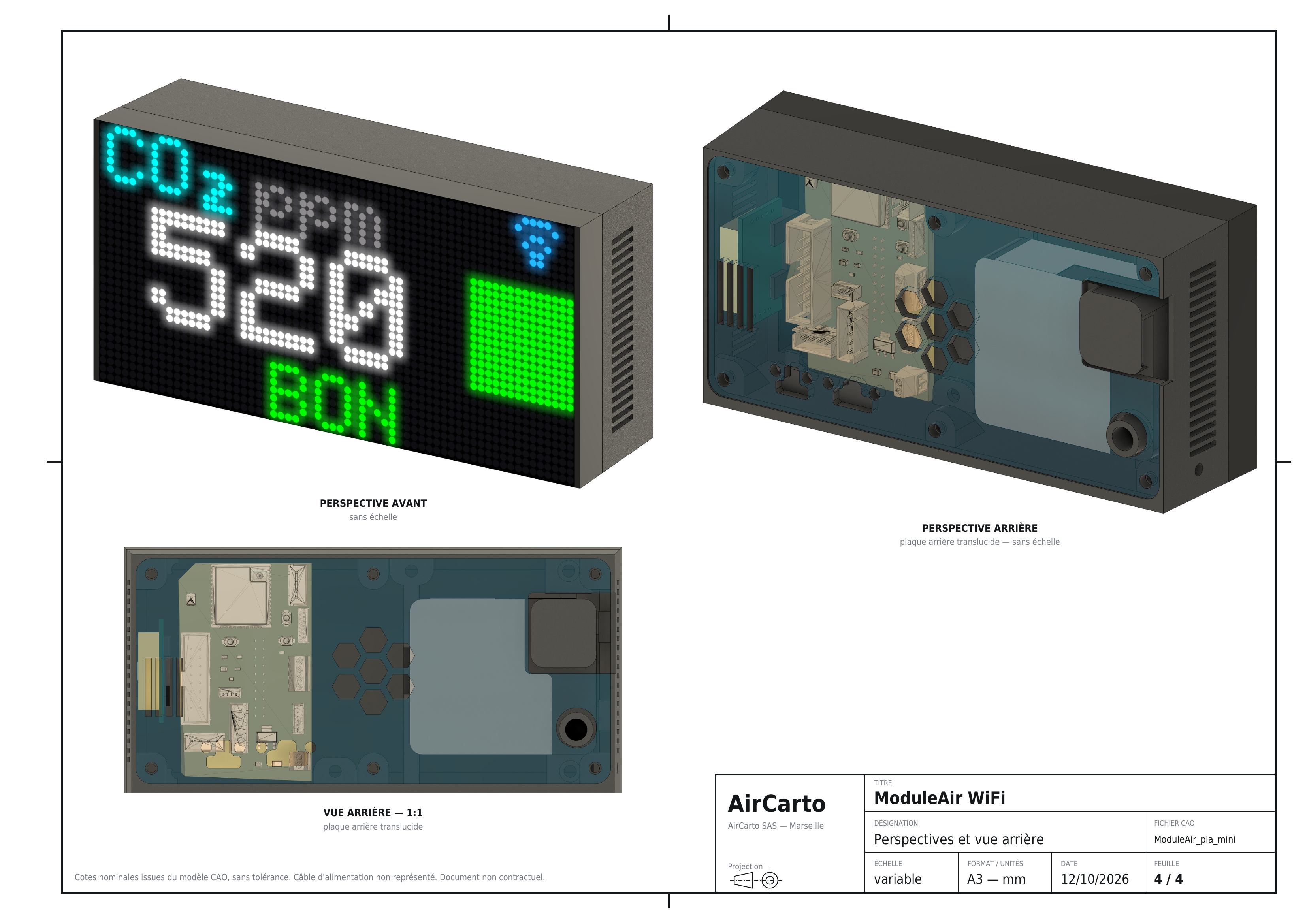 Perspectives avant et arrière du ModuleAir WiFi, et vue arrière à l'échelle 1:1 avec plaque translucide