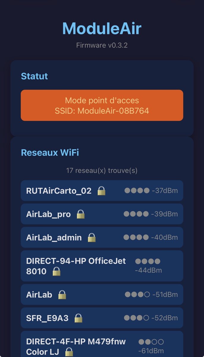 Page de configuration WiFi du ModuleAir : mode point d'accès et liste des réseaux