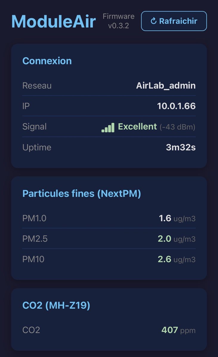 Dashboard du ModuleAir : connexion et mesures en temps réel